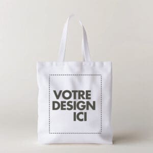 Totebag épais blanc (280g/m2) avec un carré pointillé et le texte "VOTRE DESIGN ICI" imprimé sur le devant.