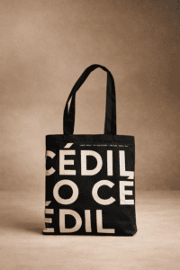 Un sac fourre-tout noir avec des lettres blanches en gras dans une disposition recadrée, se chevauchant sur un fond marron neutre.