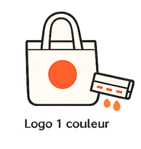 Sac fourre-tout simple avec un seul logo en forme de cercle orange et une raclette avec deux gouttes orange, étiquetée 