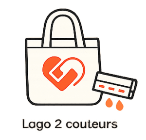 Illustration d'un sac fourre-tout avec un logo en forme de cœur et une serviette hygiénique à côté avec deux gouttes orange en dessous. Le texte indique 