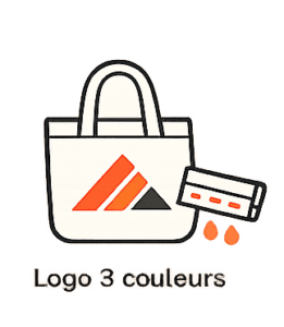Illustration d'un sac fourre-tout avec un logo géométrique en trois couleurs et un tampon encreur avec des gouttes d'encre à côté. Le texte ci-dessous indique 