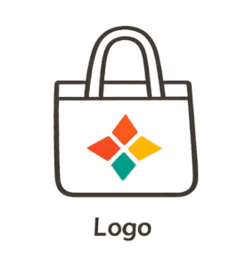 Une icône simple de sac fourre-tout avec un logo géométrique en forme de diamant quadricolore au centre et le mot 