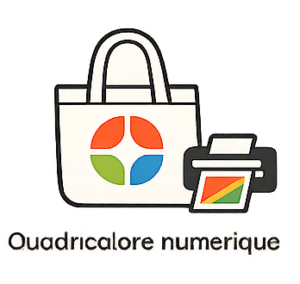 Illustration d'un sac à provisions avec un logo circulaire en quadrichromie à côté d'une imprimante montrant une page colorée, avec le texte 